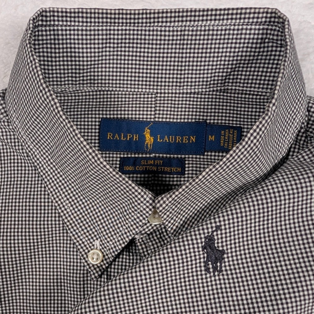 Ralph Lauren Shirt Mens Medium Black Gingham Check Stretch Slim LS Button Pony